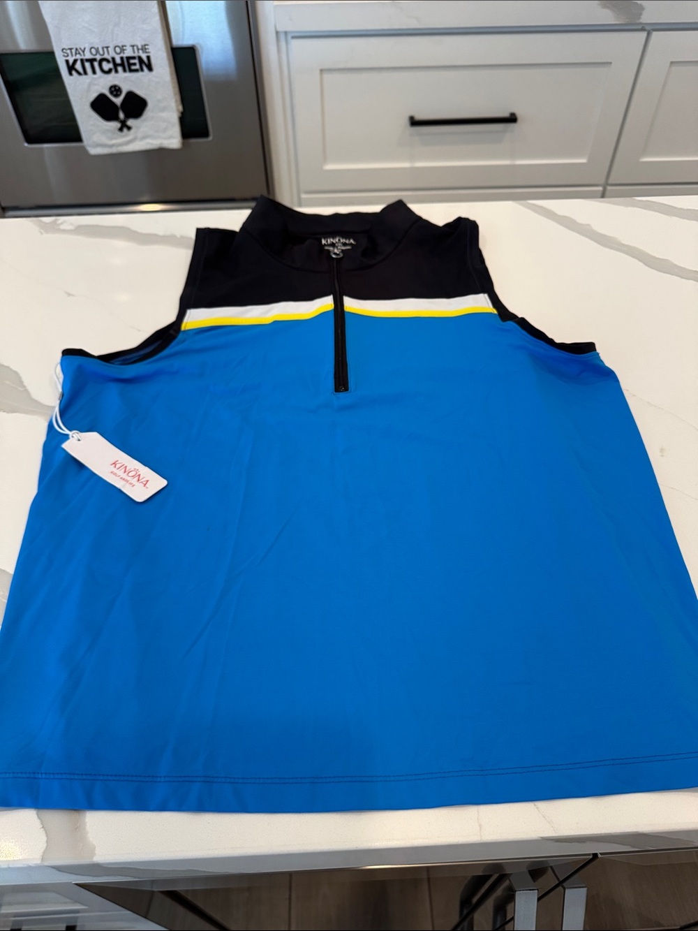 Kinona woman’s Blue Sleeveless Athletic Tank with Black Yoke